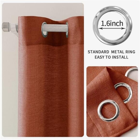 Burnt Orange Linen Textured Semi Sheer Curtains 2 Panels for Living Room Bedroom - Picture 6 of 7